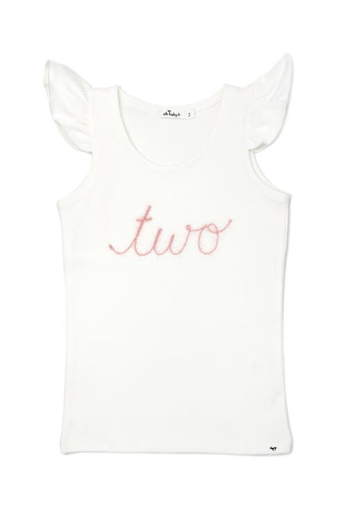 OH BABY OH BABY! "TWO" PINK EMBROIDERED COTTON BABY RIB FLUTTER SLEEVE TANK 
