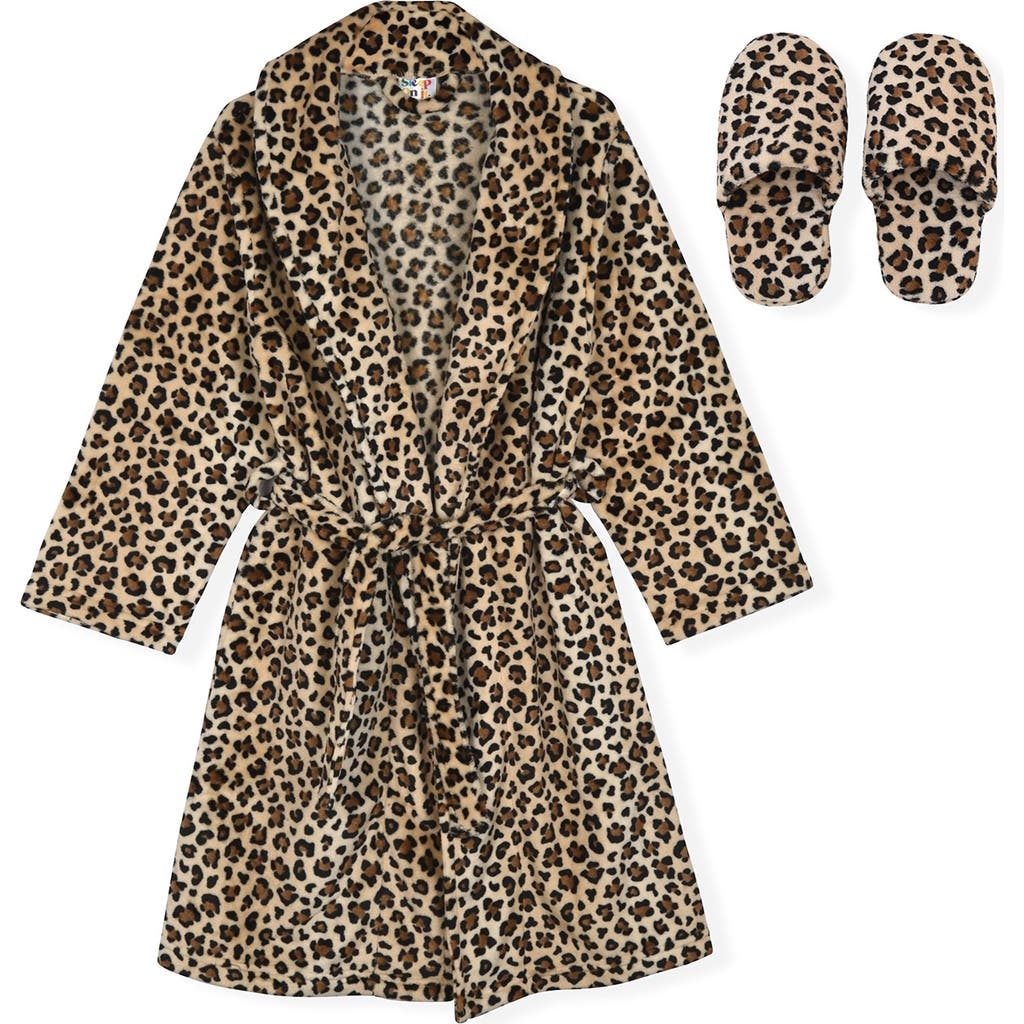 Sleep On It Kids' Flannel Fleece Robe & Slippers Set In Brown