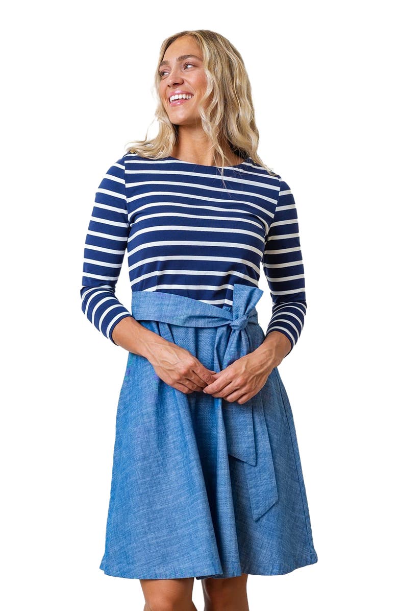 Hope & Henry Women's French Jersey Skater Dress, Main, color, Navy And White With Chambray