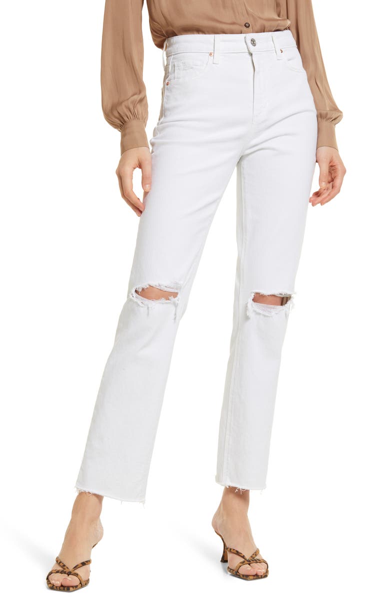 PAIGE Noella Ripped High Waist Straight Leg Jeans, Main, color, Soft Ecru Destructed