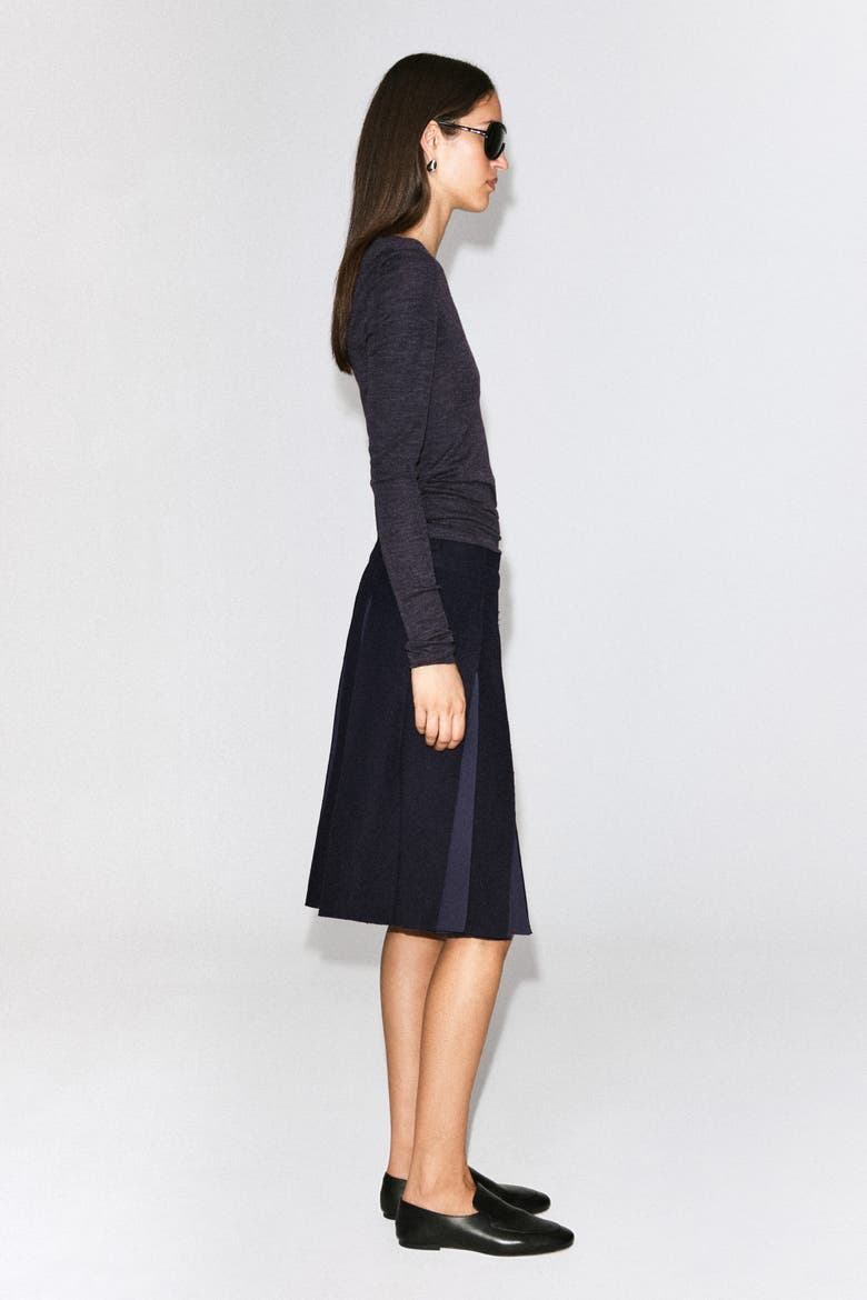 Belted Pleated Wool-Blend Skirt, Alternate, color, NAVY