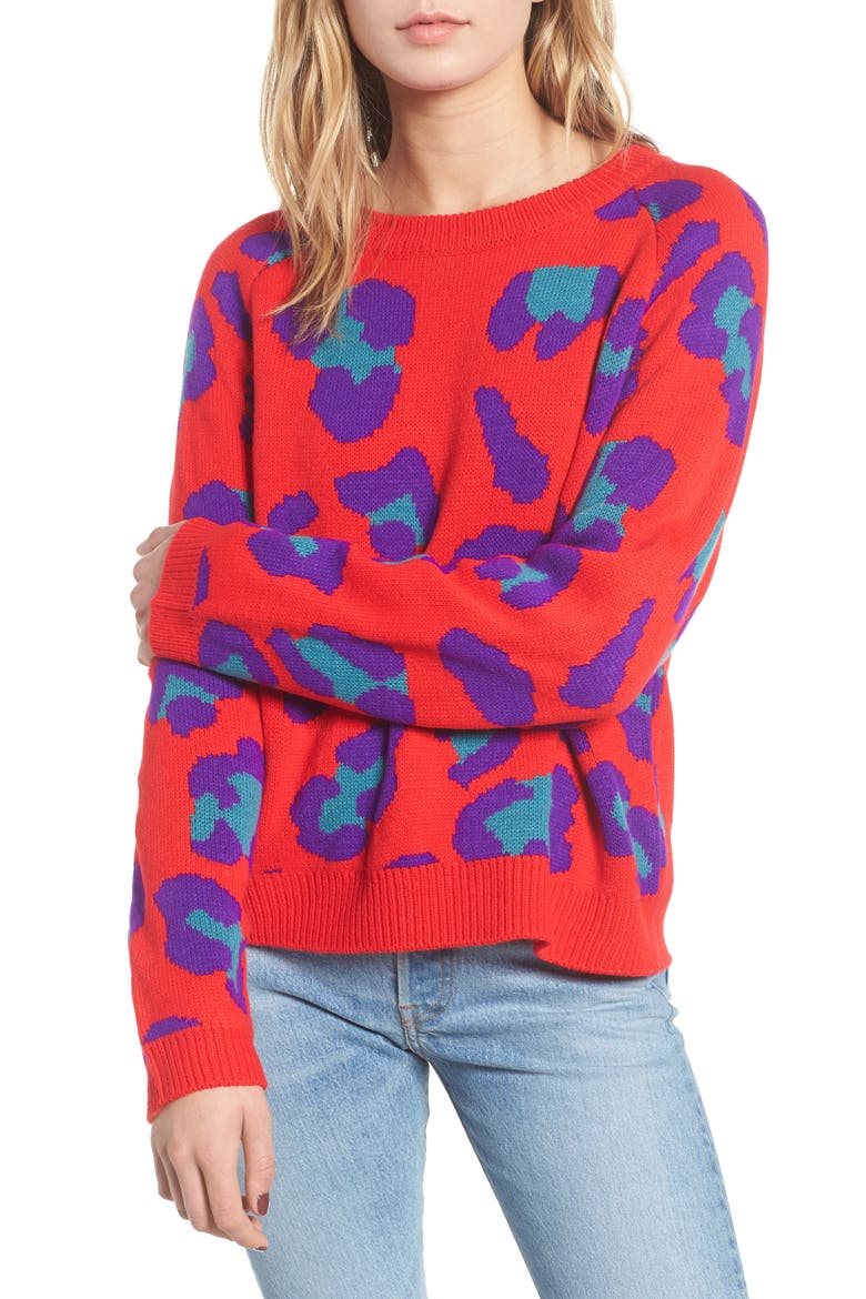 Leopard Intarsia Sweater, Main, color, RED