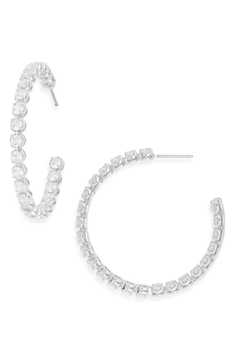 Nadri Blythe Prong Set Cubic Zirconia Hoop Earrings, Main, color, Rhodium