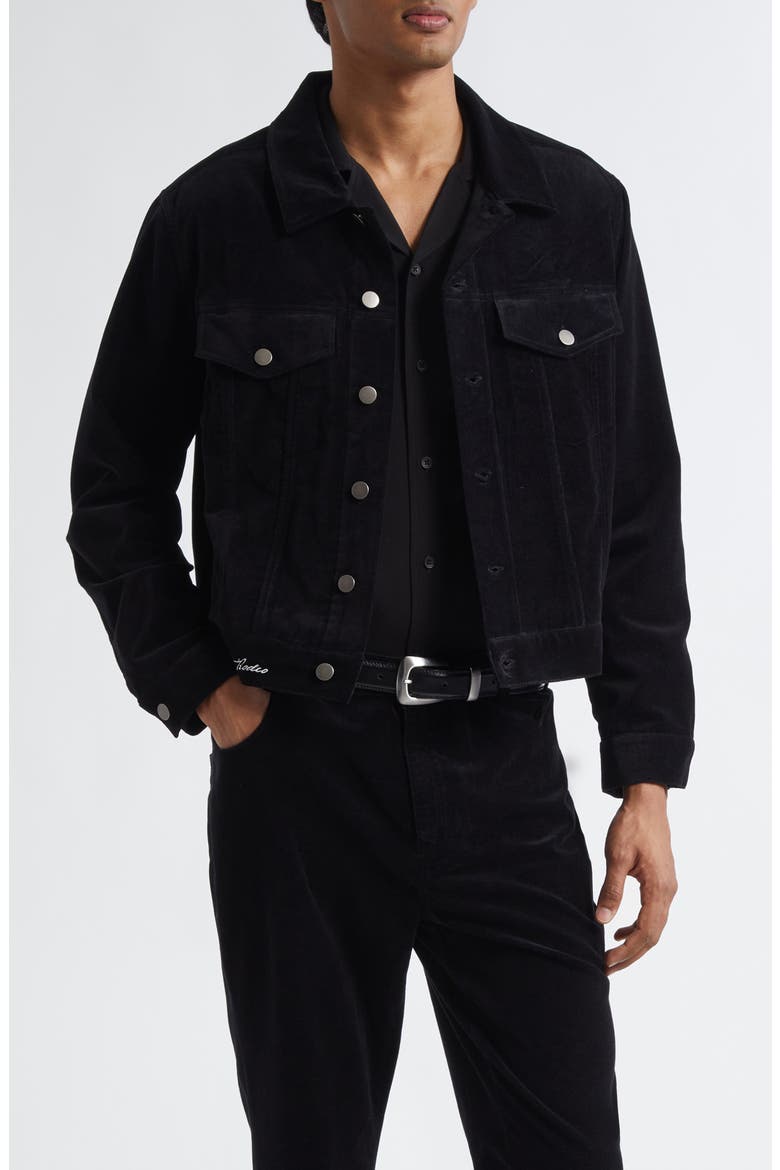 Embroidered Velvet Trucker Jacket, Main, color, BLACK