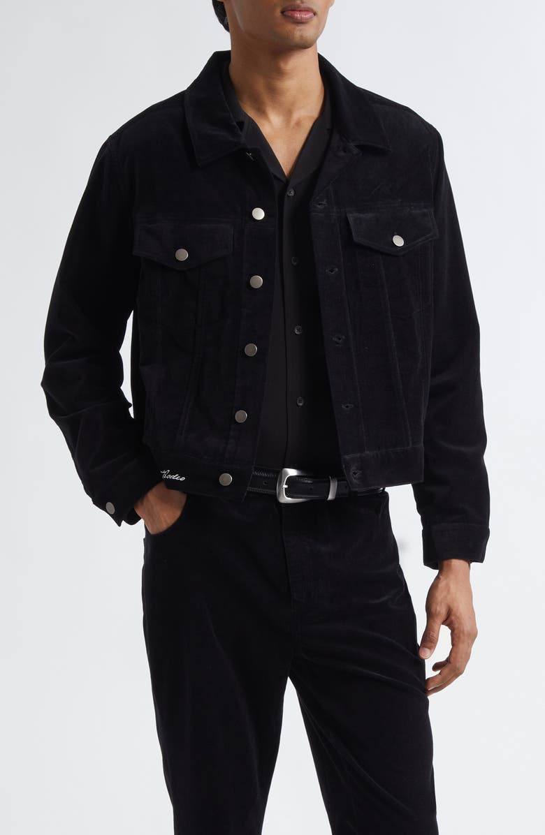 MIDNIGHT RODEO Embroidered Velvet Trucker Jacket, Main, color, Black