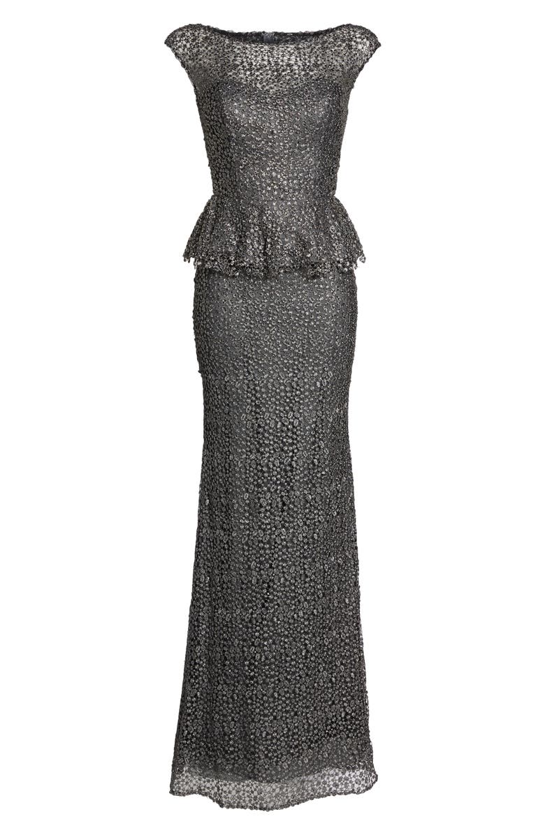 La Femme Embellished Lace Peplum Gown, Alternate, color, 