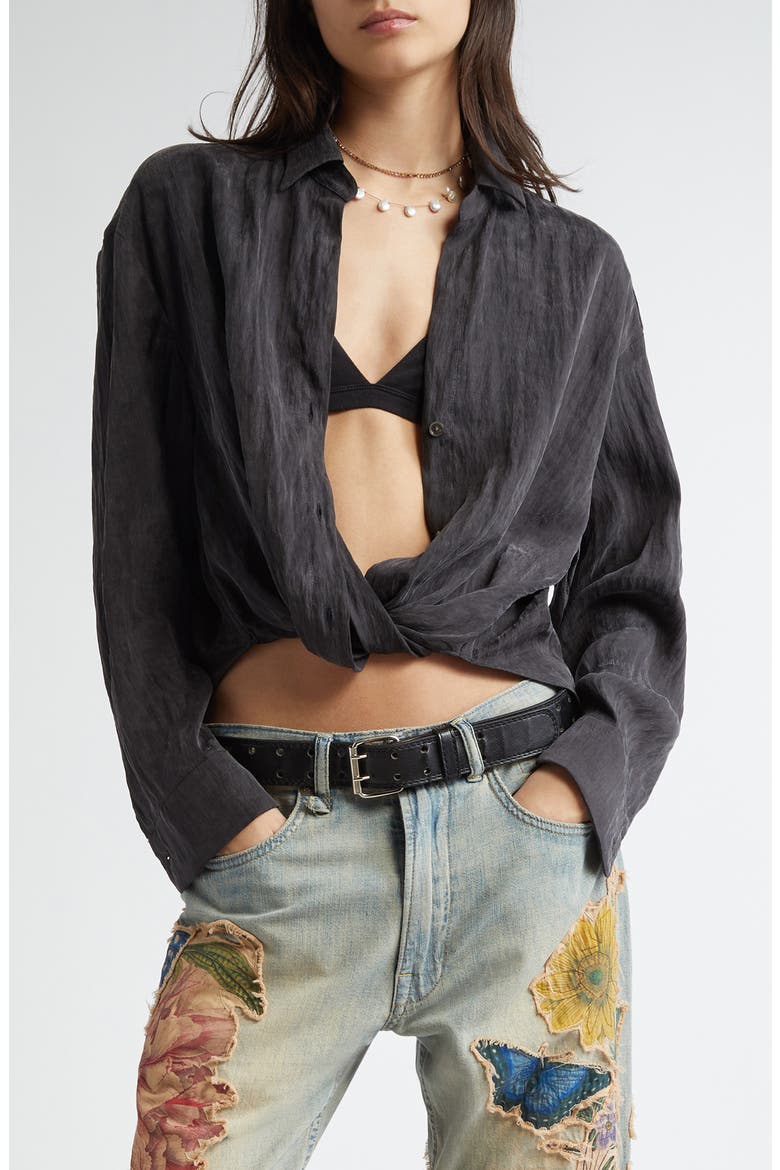 Twisted Front Button-Up Shirt, Main, color, BLACK