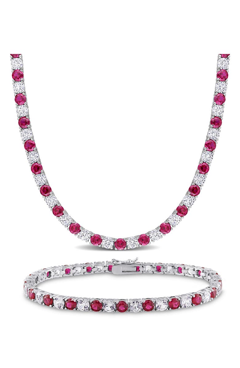 DELMAR Sterling Silver Lab Created Ruby & Lab Created White Sapphire Tennis Necklace & Bracelet Set, Main, color, 