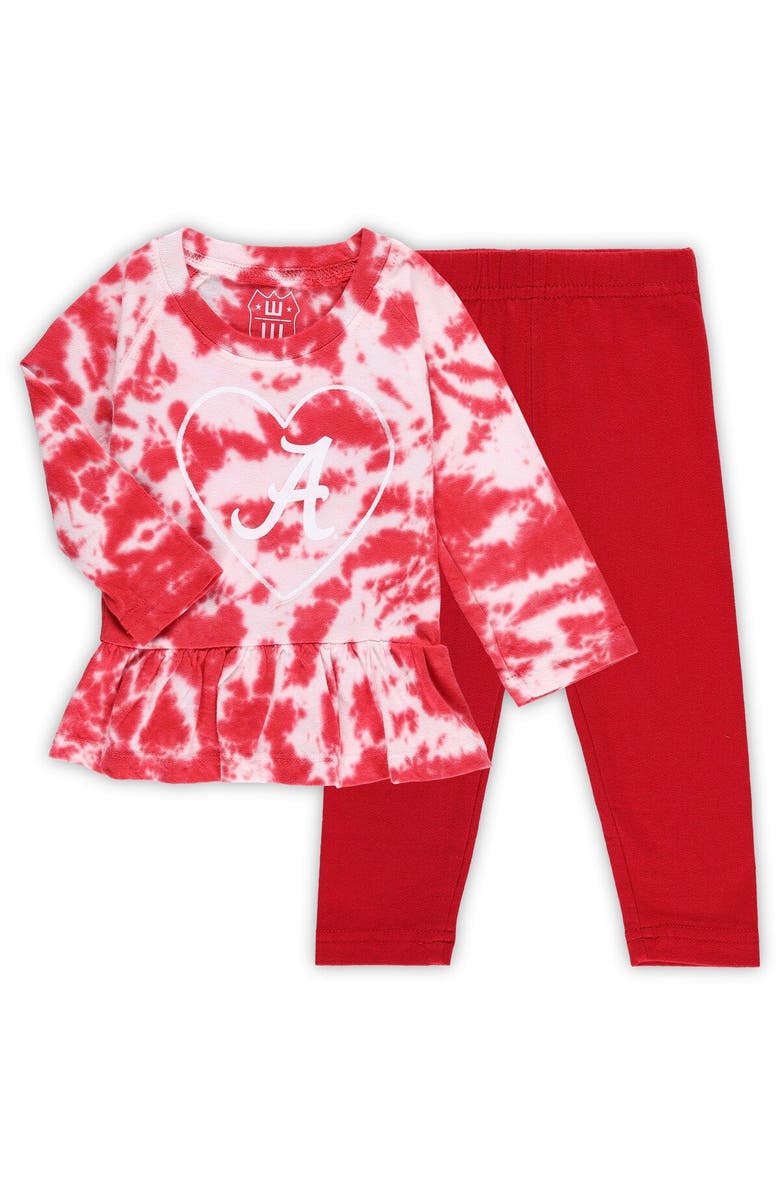 Wes & Willy Girls Infant Wes & Willy Crimson Alabama Crimson Tide Tie-Dye Ruffle Raglan Long Sleeve T-Shirt & Leggings Set, Main, color, 