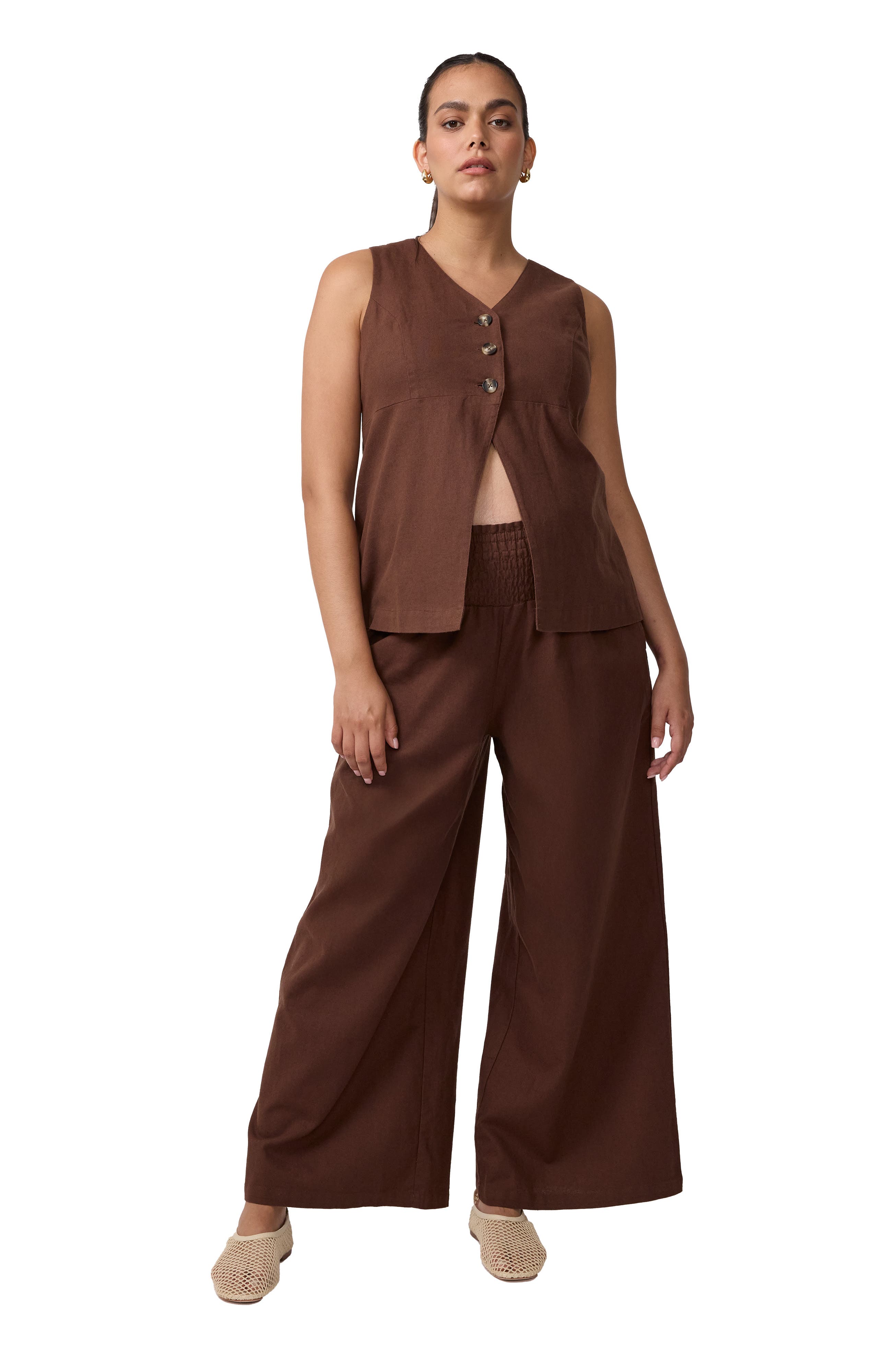 Smocked Linen Wide Leg Pant