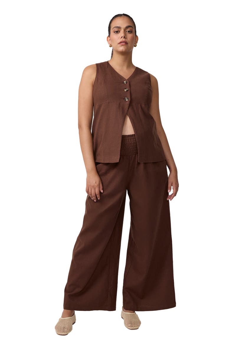 Ingrid & Isabel Smocked Linen Wide Leg Pant, Main, color, Dark Brown