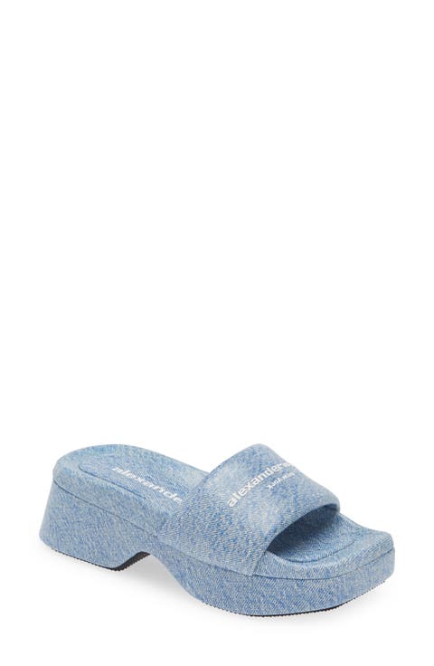 Float Denim Print Leather Platform Slide Sandal (Women)