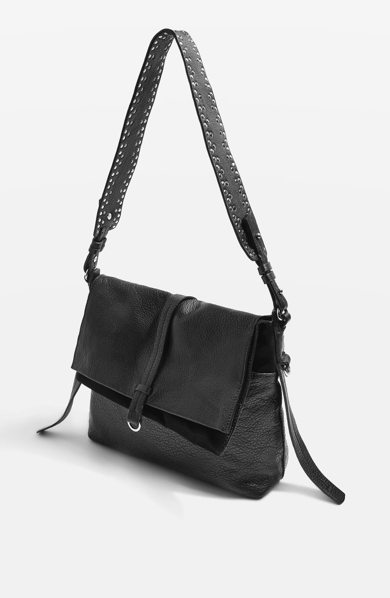 Topshop Premium Leather Studded Calfskin Hobo Bag, Alternate, color, 