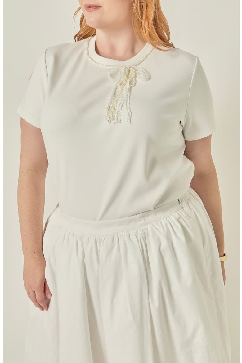 Pearly Bead Lace Bow Top, Main, color, WHITE