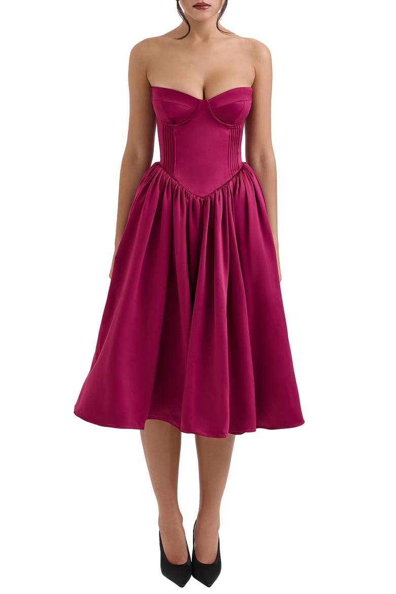 Coco Strapless Corset Midi Dress, Main, color, BEET RED