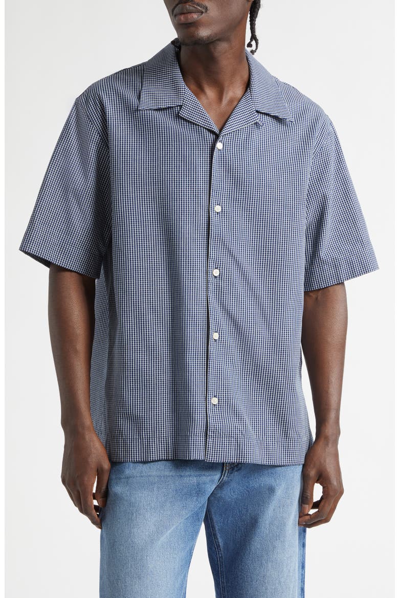 Check Logo Appliqué Cotton Bowling Shirt, Main, color, WHITE/ BLUE