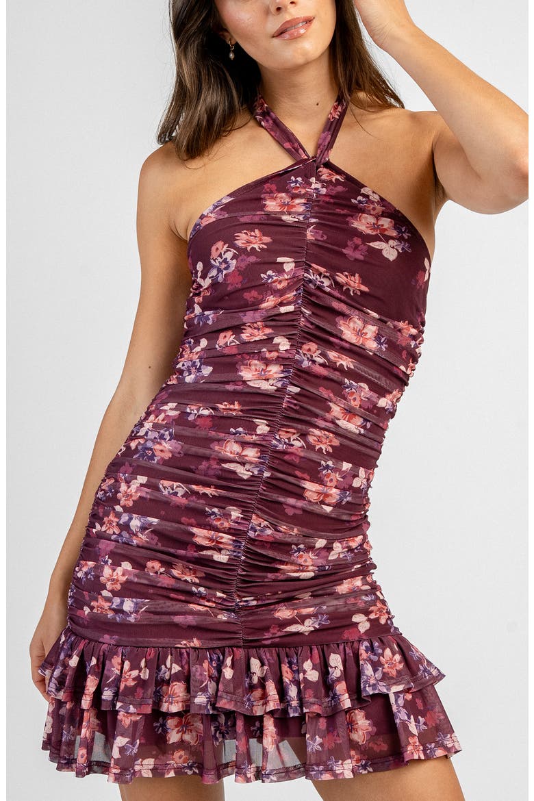 Ruched Mesh Halter Dress, Alternate, color, WINE