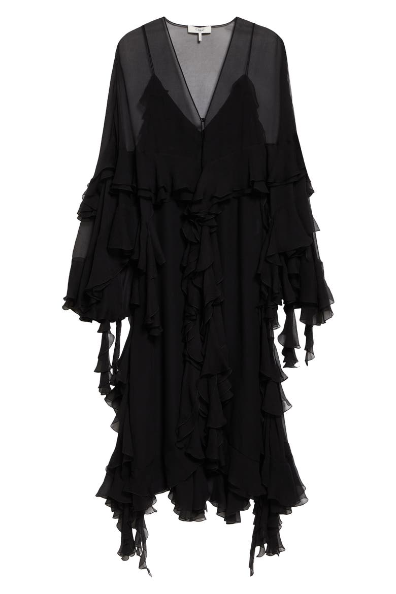 Ruffle Silk Georgette Slipdress, Alternate, color, BLACK