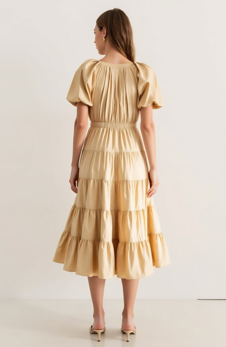 Modenaire Tiered Puff-Sleeve Tie-Waist A-Line Midi Dress, Alternate, color, Beige