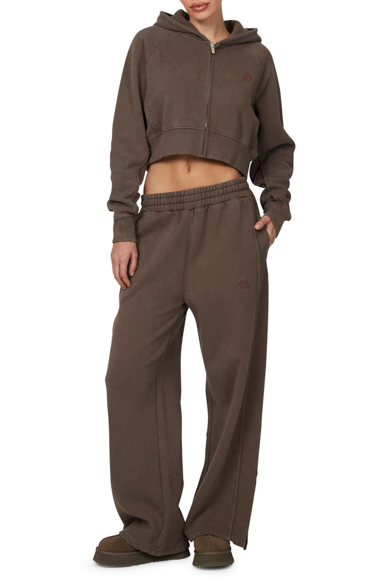 Ribbed Emblem Crop Zip Hoodie, Alternate, color, Brown