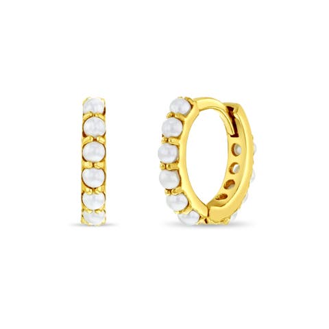 14k Tiny Simulated Pearl Huggie Earrings
