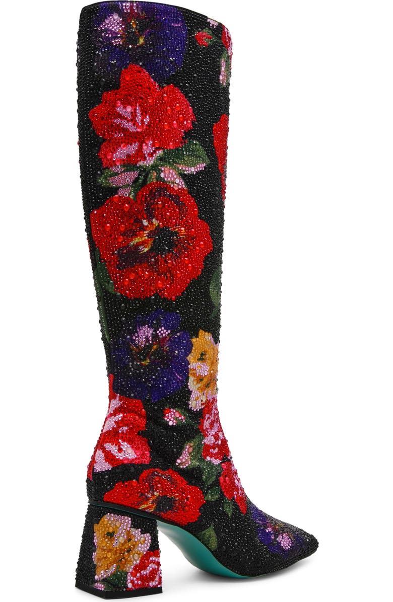 Betsey Johnson Avon Rhinestone Flower Knee High Boot, Alternate, color, Black Flower Multi