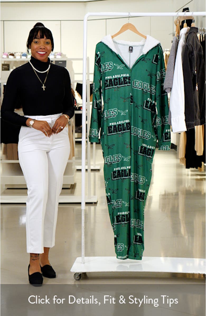 Women's Concepts Sport Kelly Green Philadelphia Eagles Throwback Roadway Allover Print Microfleece Full-Zip Union Suit, sales video thumbnail