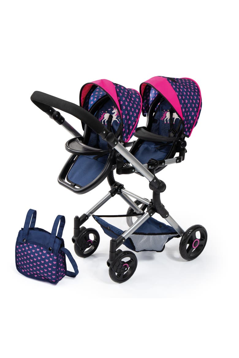 Twin Doll Pram Neo, Blue With Unicorn and Hearts, 18 Inch, Alternate, color, Multicolored