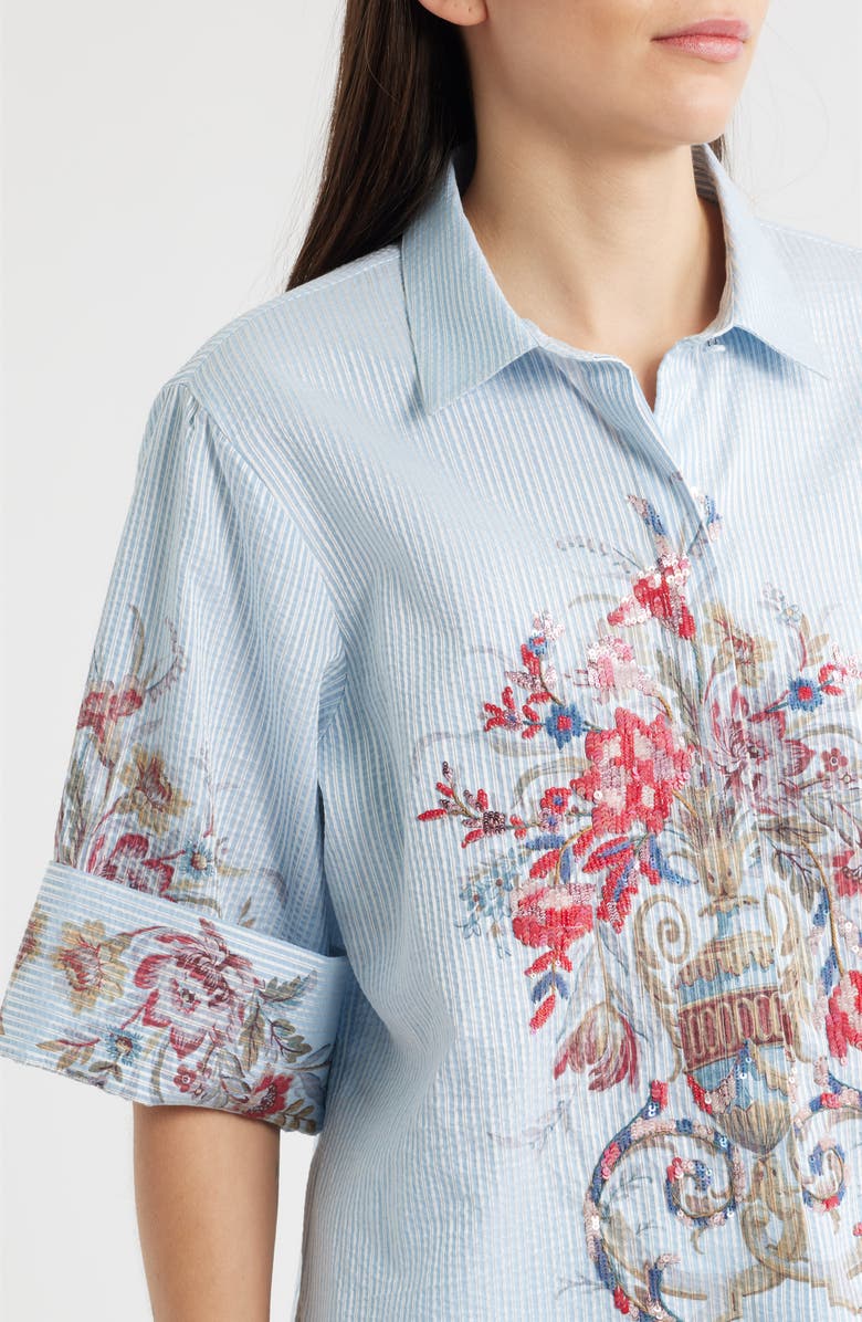 KOBI HALPERIN Drew Sequin Floral Stripe Cotton Blend Seersucker Button-Up Shirt, Alternate, color, Sky Blue