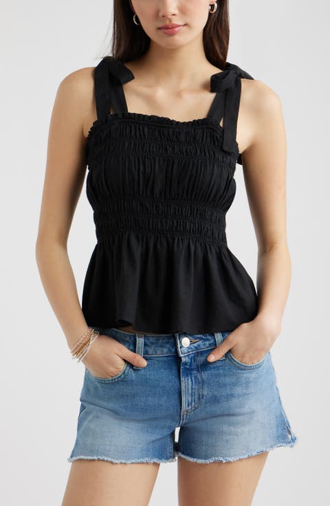 Smocked Linen Blend Tank