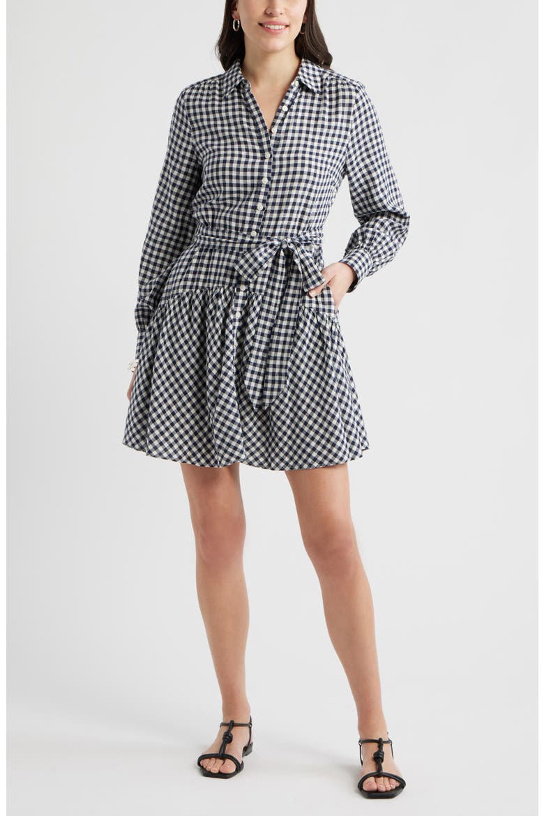 Long Sleeve Linen Blend Mini Shirtdress, Main, color, NAVY STILL- IVORY BEA GINGHAM