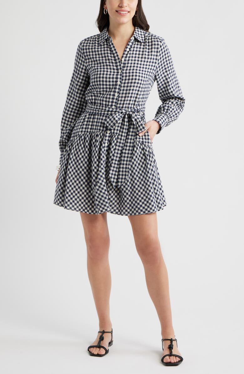 Caslon<sup>®</sup> Long Sleeve Linen Blend Mini Shirtdress, Main, color, Navy Still- Ivory Bea Gingham