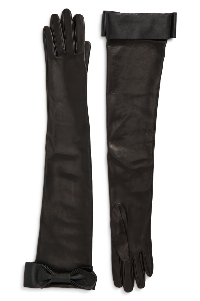 Bow Lambskin Leather Opera Gloves, Main, color, BLACK