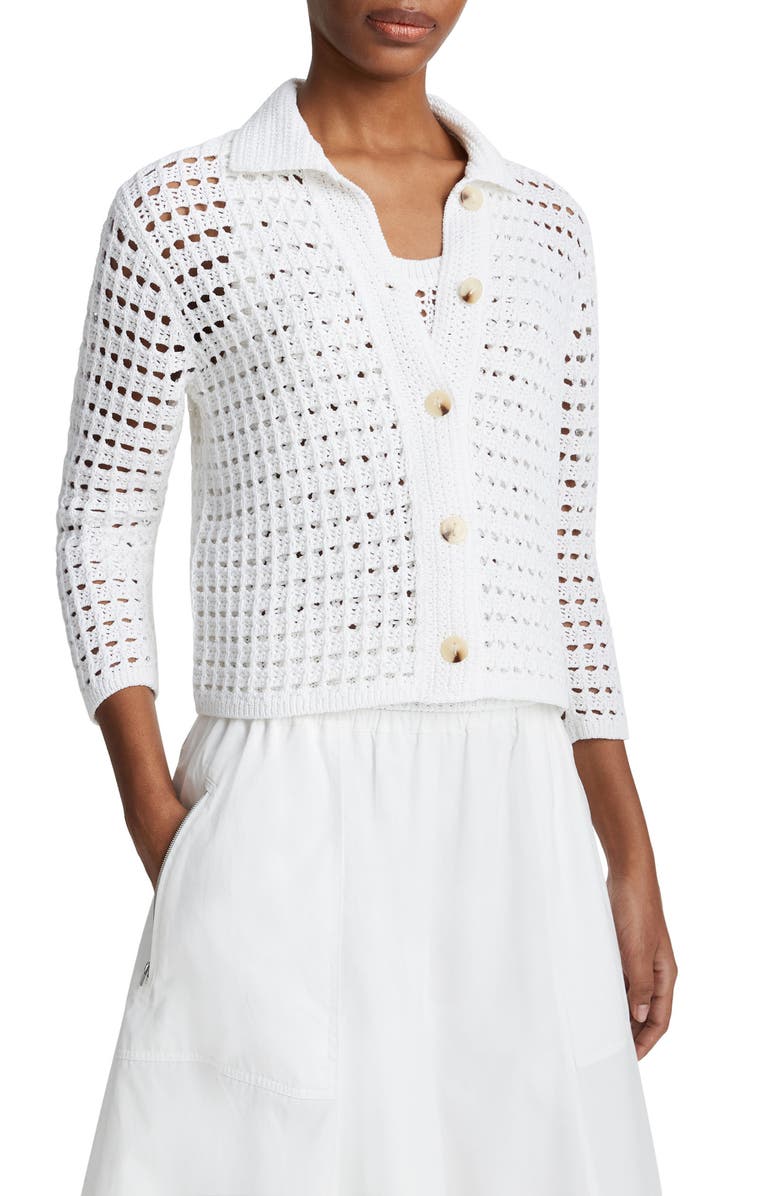 Vince Block Stitch Cotton Cardigan, Alternate, color, Optic White