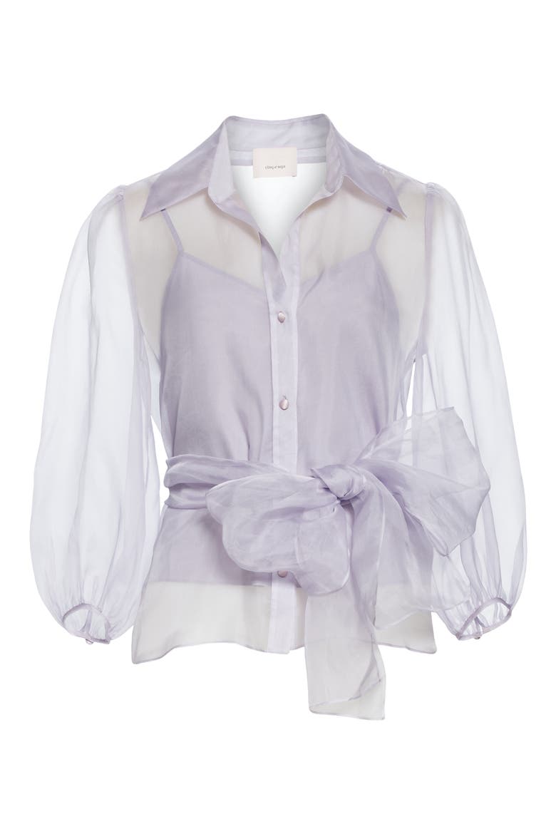 Marion Tie Waist Organza Silk Blouse, Alternate, color, LILAC SMOKE