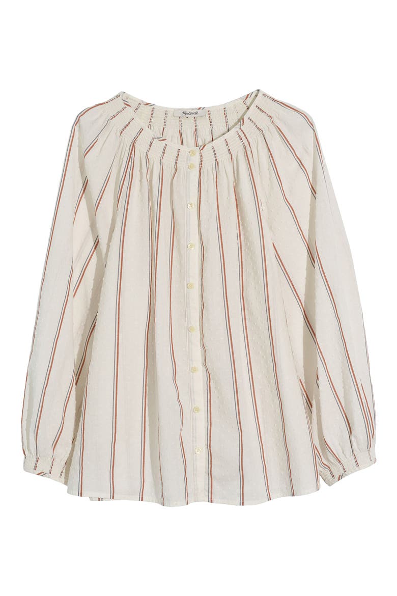 Smocked Neck Clip Dot Stripe Raglan Top, Main, color, RUST STRIPE AFTERGLOW RED