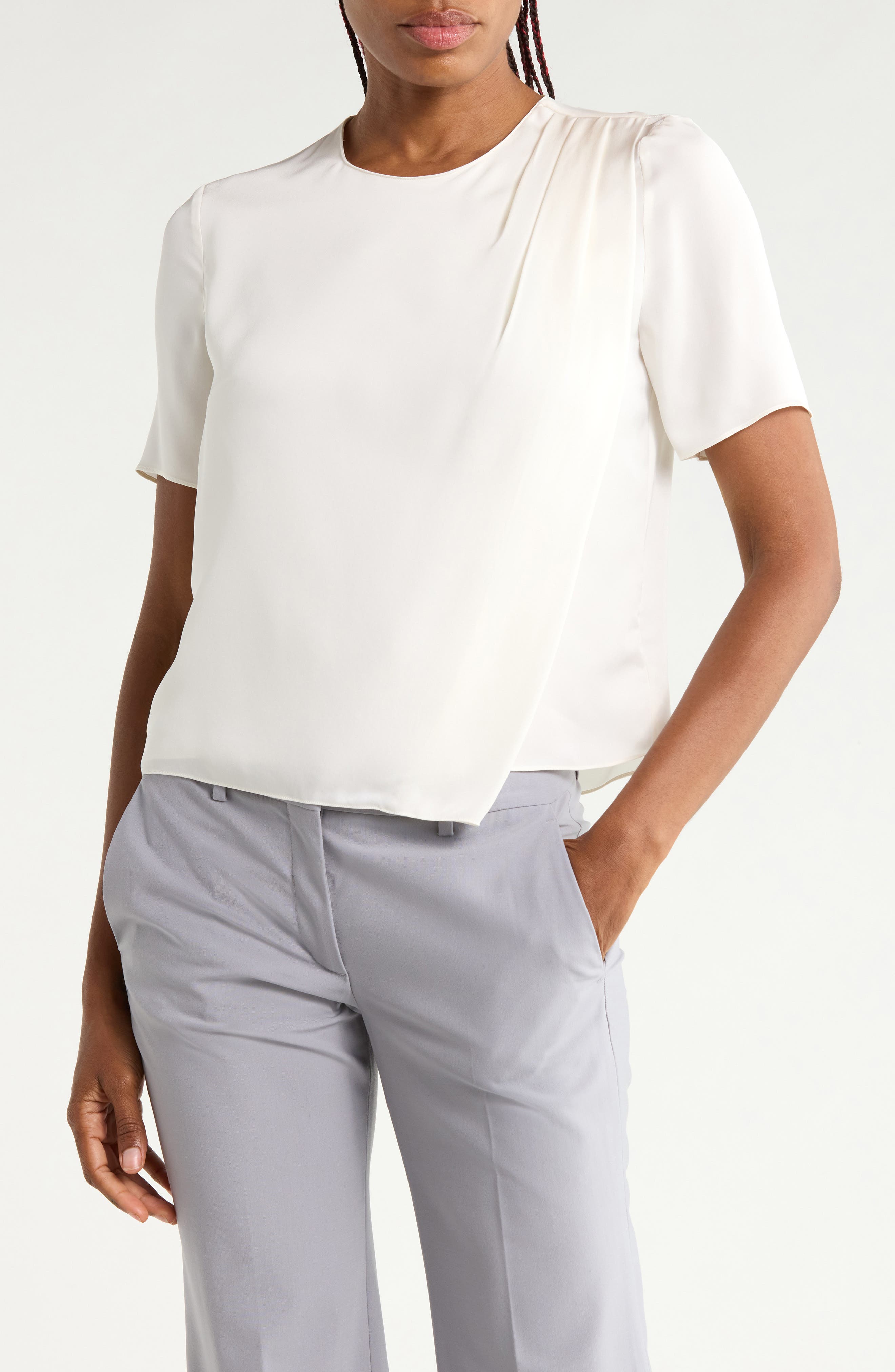 Draped Shoulder Silk Top