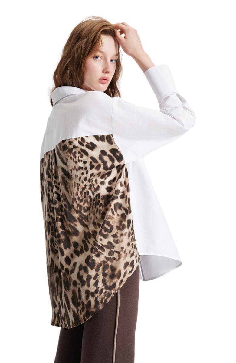 THEO The Label Echo Print Back Banker Shirt, Alternate, color, White/Leopard