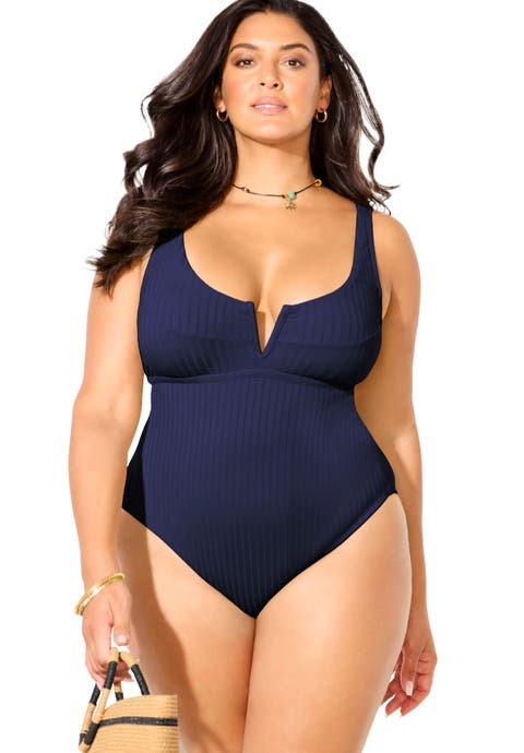 Ribbed V-Wire One Piece Swimsuit