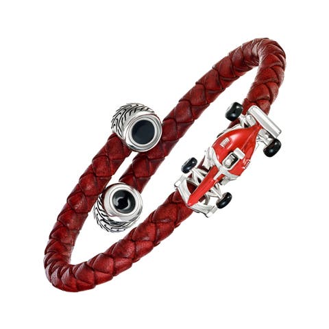Braided Leather Bracelet With Race Car Detail
