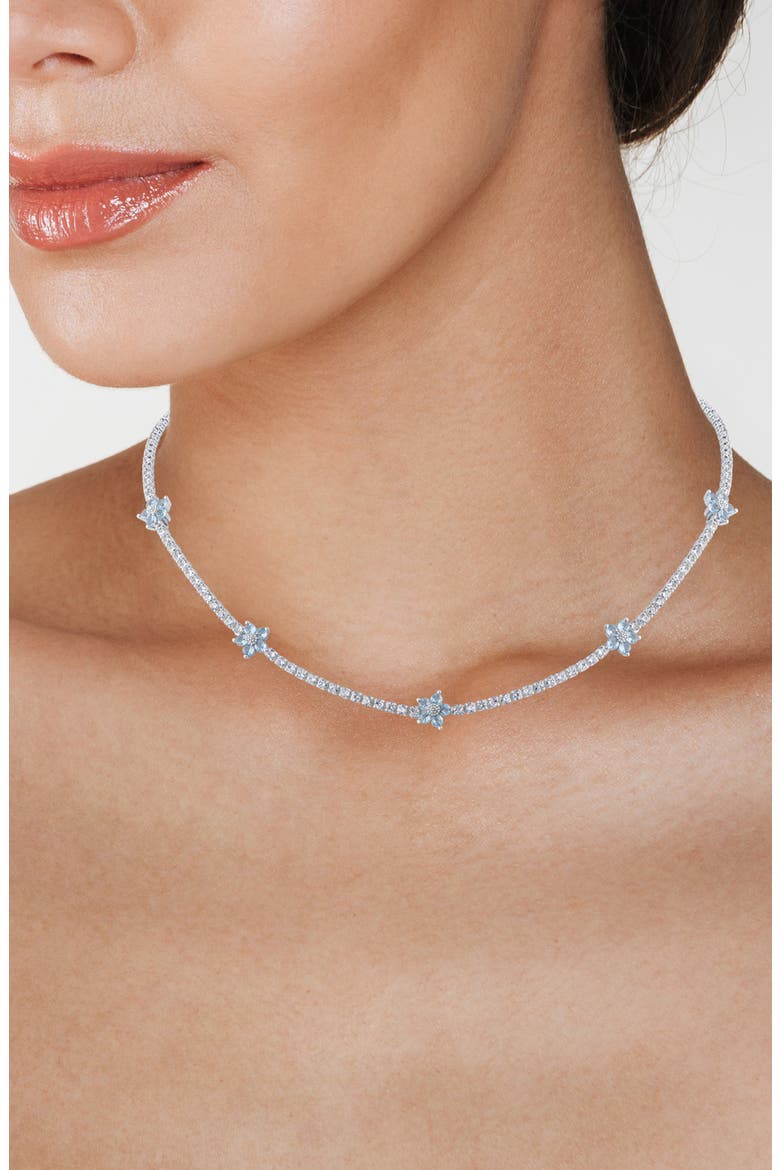 Stationed Flower Cubic Zirconia Necklace, Alternate, color, AQUA/ SILVER