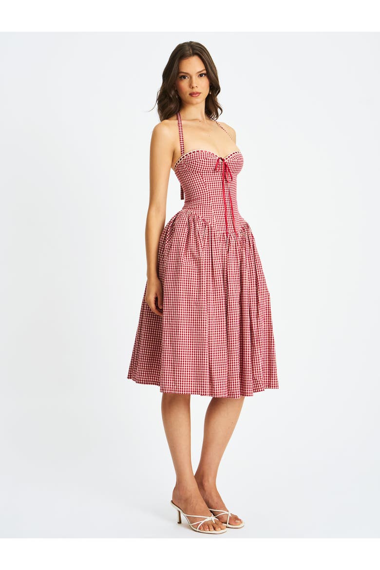 Susanna Gingham Halter Drop Waist Midi Dress, Alternate, color, Red and white cotton gingham