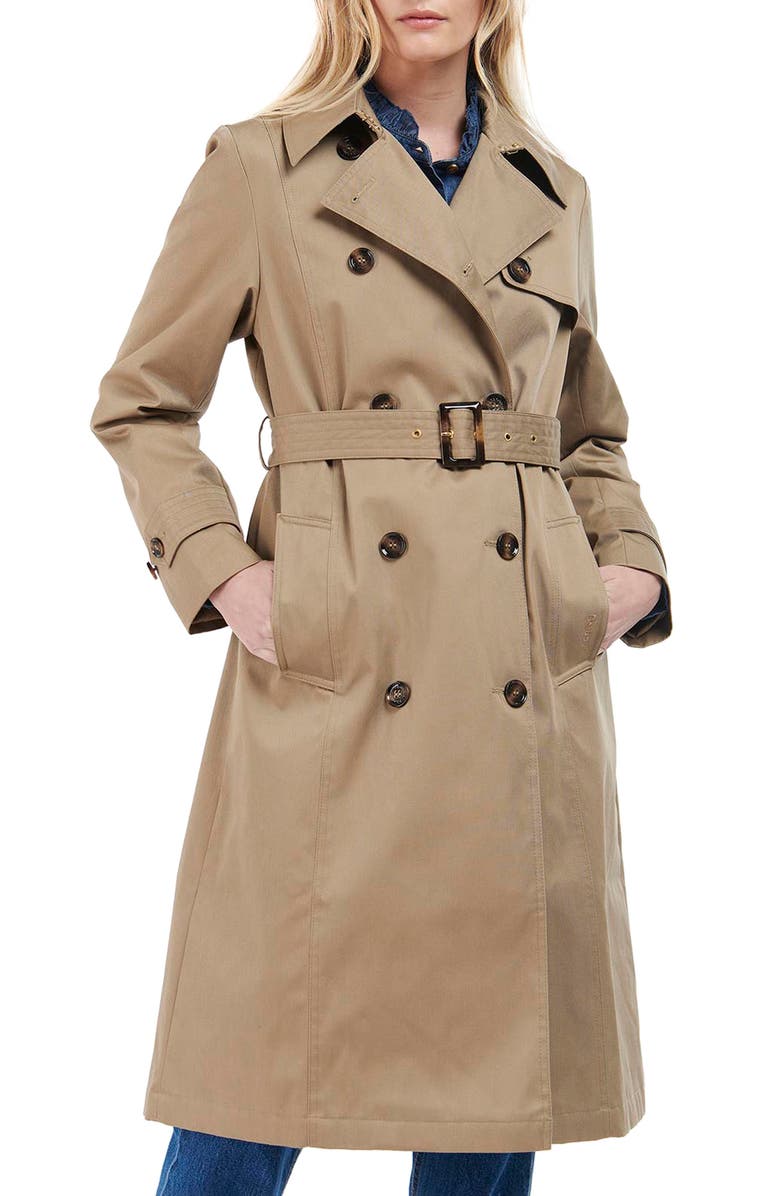 Barbour Greta Showerproof Belted Trench Coat, Main, color,