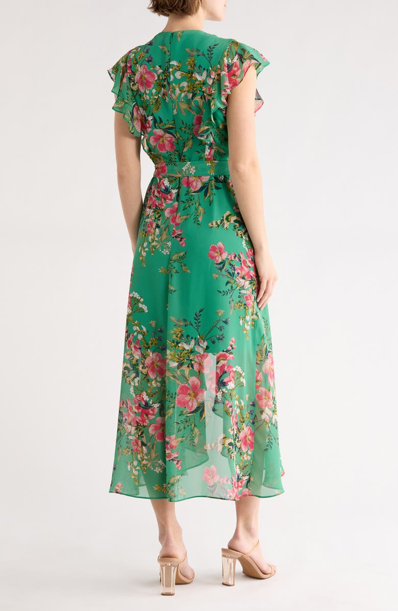 Eliza J Floral Flutter Sleeve High-Low Midi Dress, Alternate, color, Green Multi
