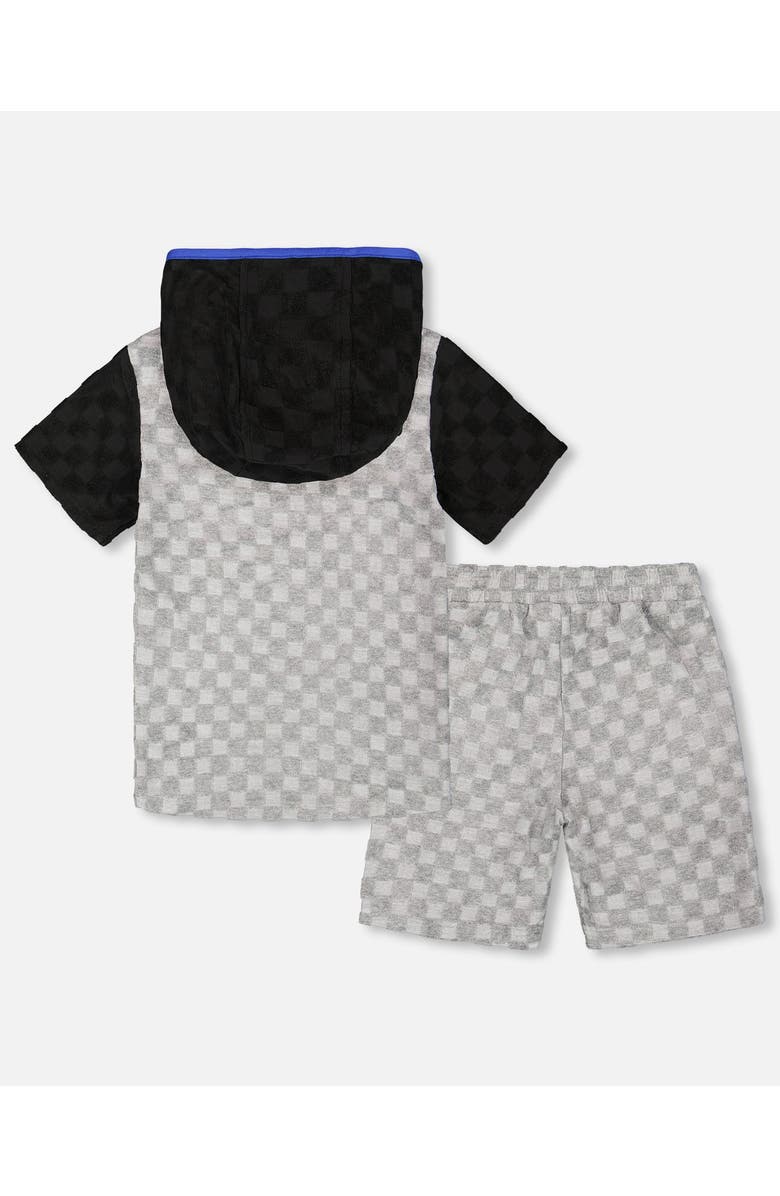 Deux par Deux Boy's Printed Hooded Terry Top And Shorts Set Gray And Black, Alternate, color, 