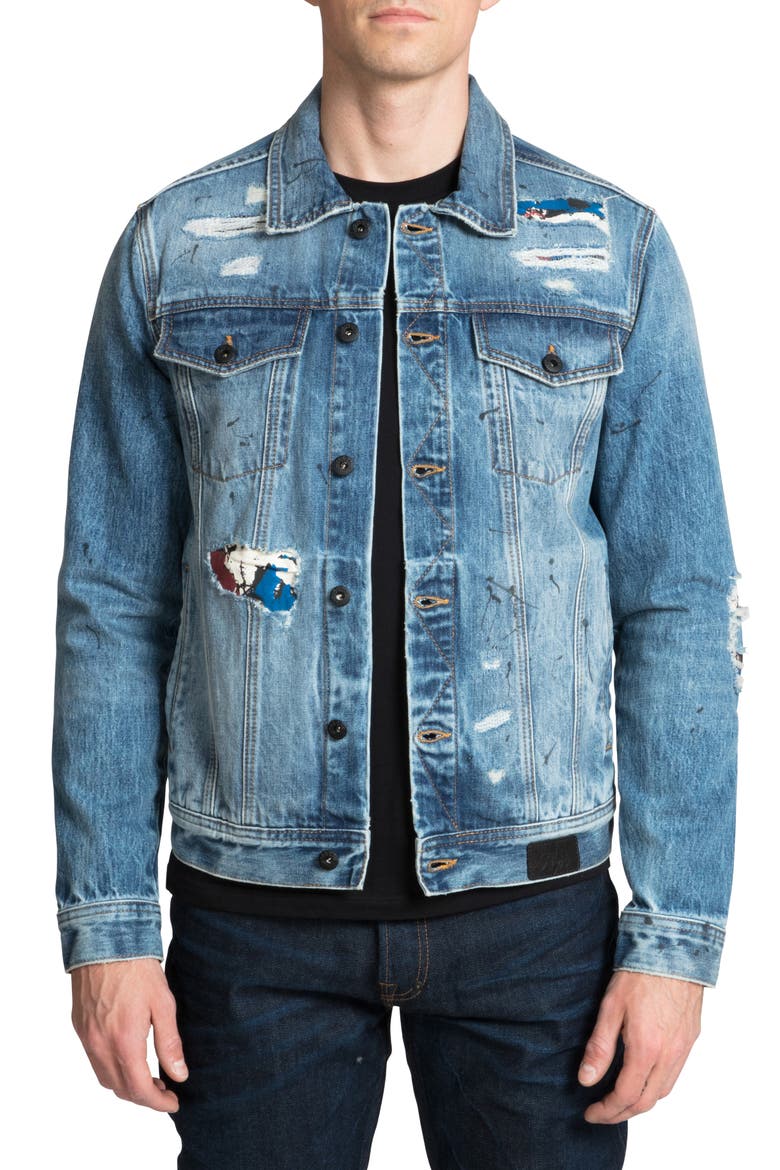 Ripped & Repaired Graphic Denim Trucker Jacket, Main, color, ARTEMISIA