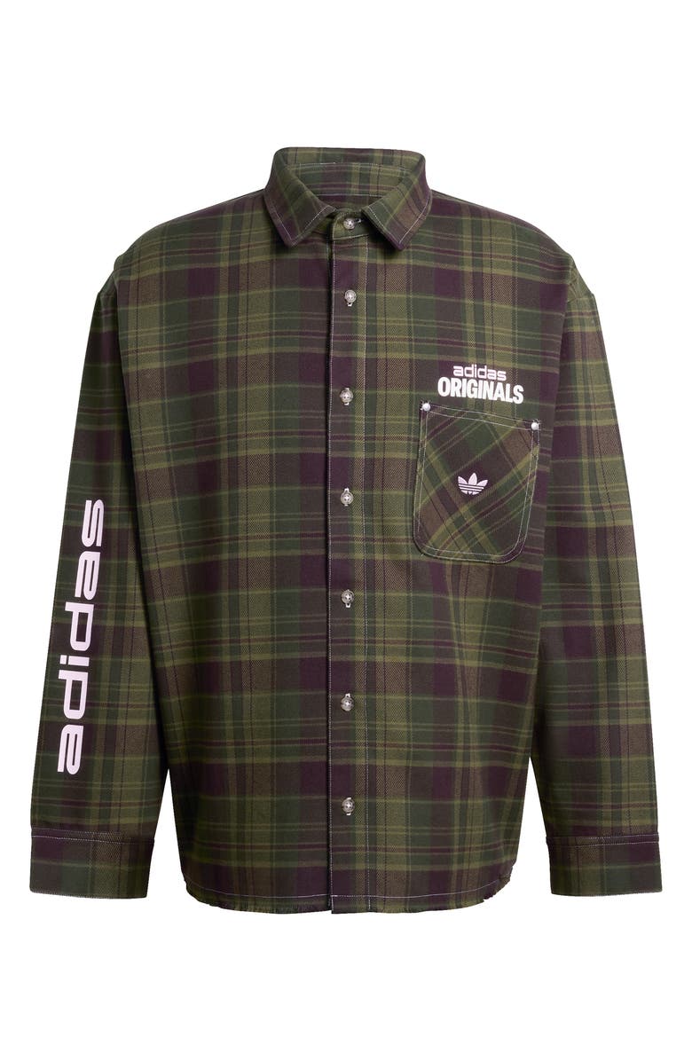 adidas Duck Graphic Distressed Plaid Cotton Flannel Button-Up Shirt, Alternate, color, 