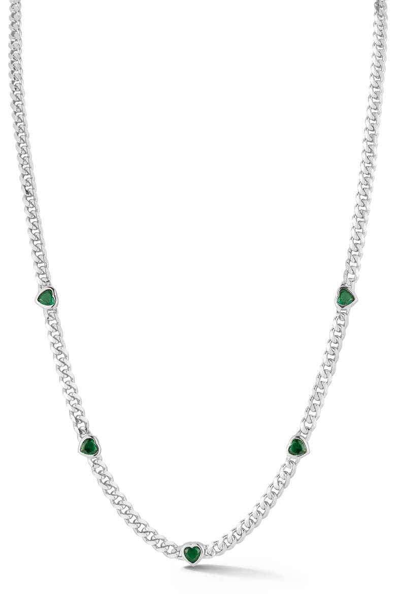 SPHERA MILANO Cubic Zirconia Heart Station Curb Chain Necklace, Main, color, Silver/Green
