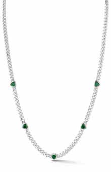 Cubic Zirconia Heart Station Curb Chain Necklace