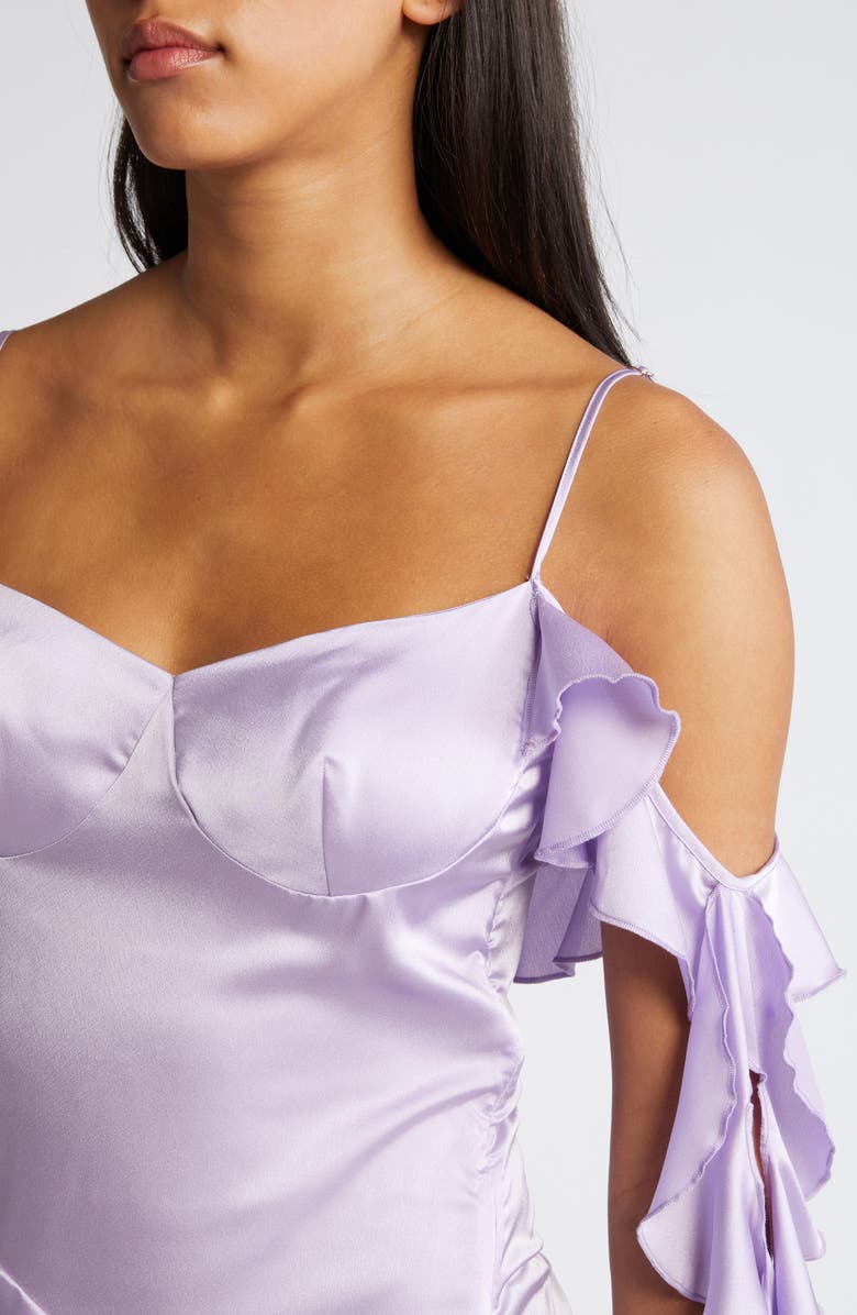 Mistress Rocks Asymmetric Ruffle Satin Minidress, Alternate, color, Lavender Field